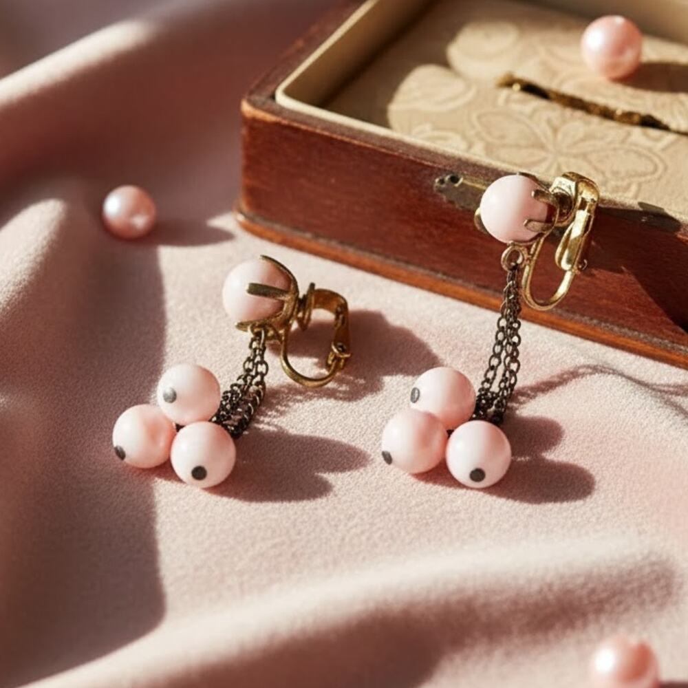 Vintage Pink Glass Dangle Clip-On Earrings Chain Drop